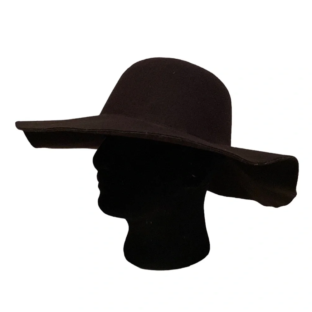 Womens Black Cotton Blend Felt Floppy Wide Brim Hat One Size Fits Most OS
